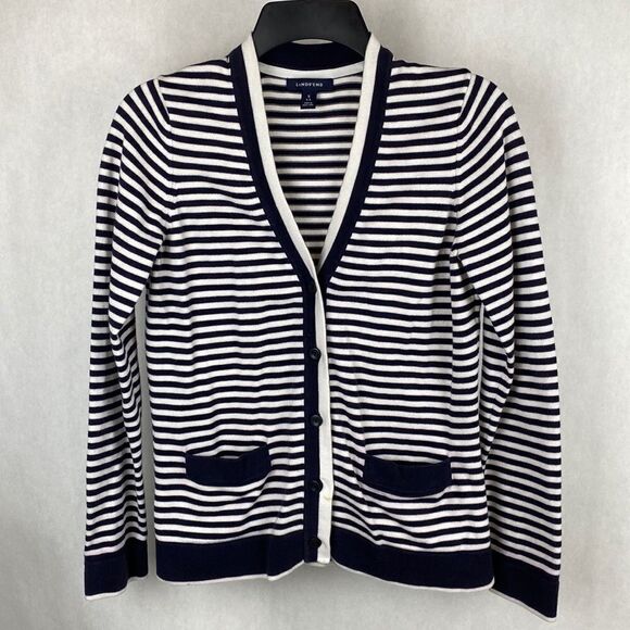 Lands’ End Cardigan Sweater Striped Small 6-8 Nautical Navy White Button Front - Picture 8 of 8